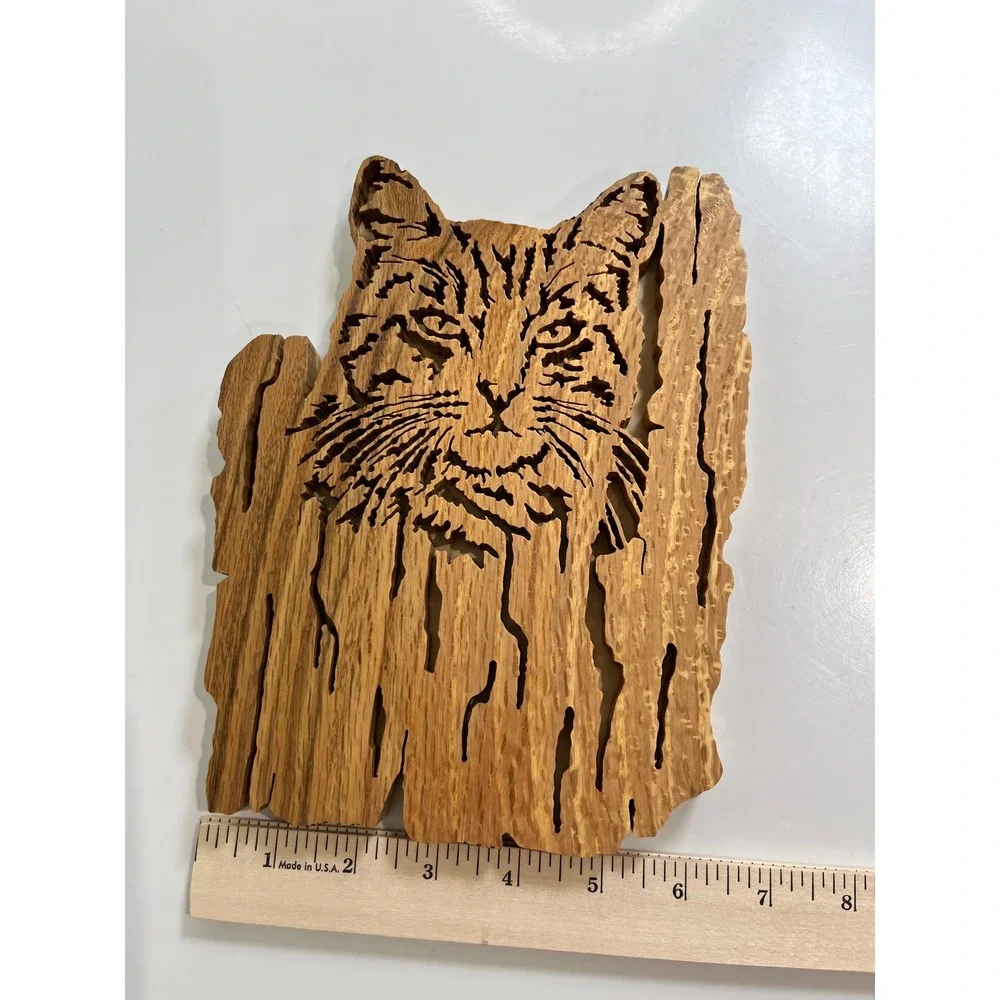 Vintage Wood Carved Cat Scroll Saw Art Cat Rustic Wall‎ Decor Handmade Lazer